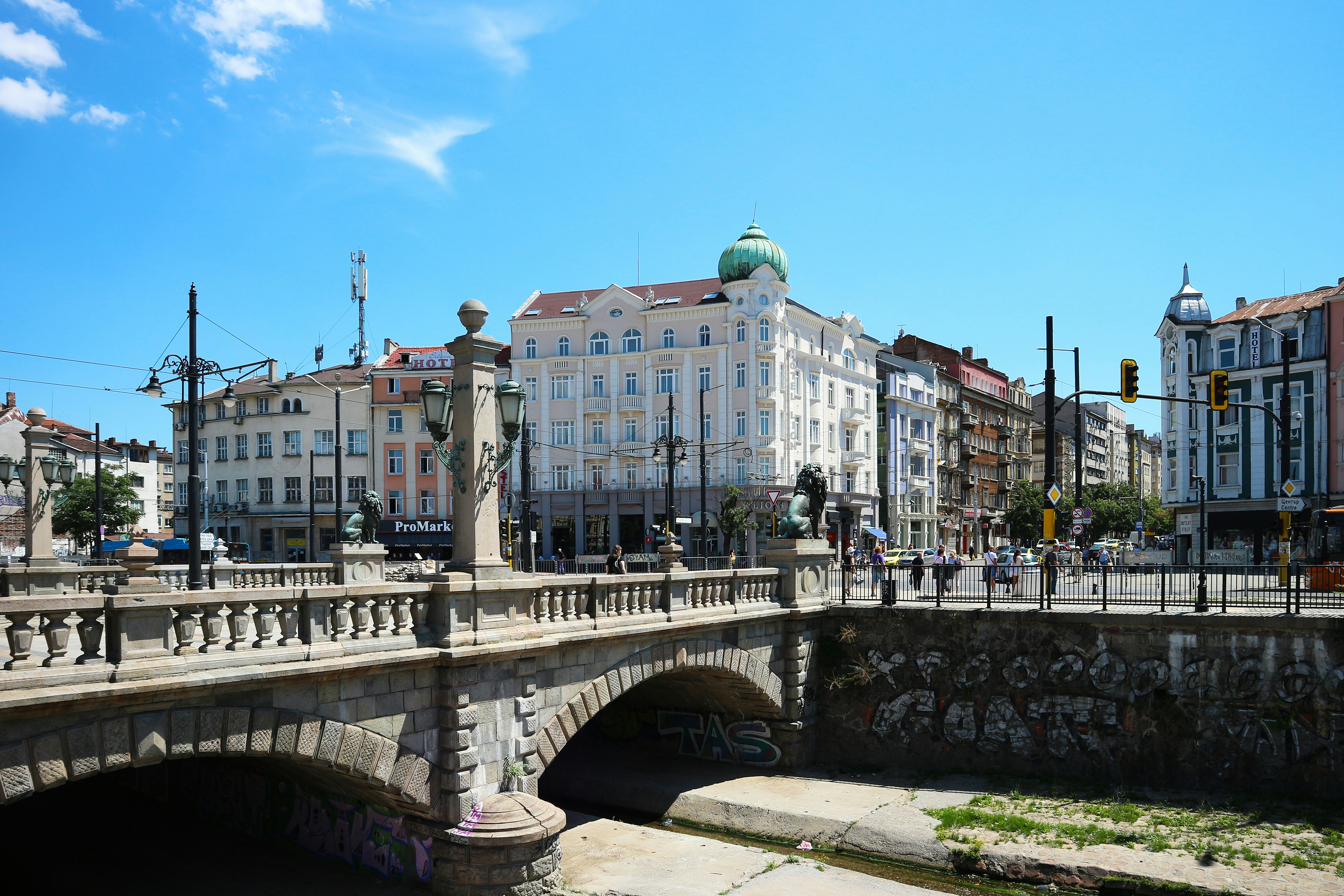 A panoramic image of the Lion's bridge in Sofia, Bulgaria. 